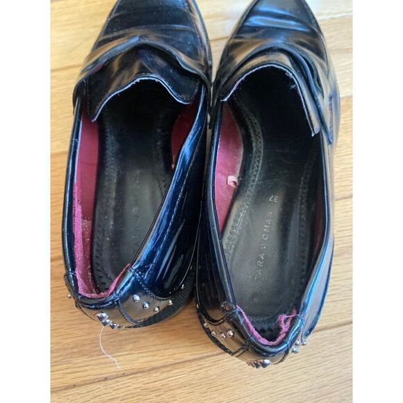 Zara women’s black pleather studded slip on low block heel loafers size 37 - Picture 3 of 8